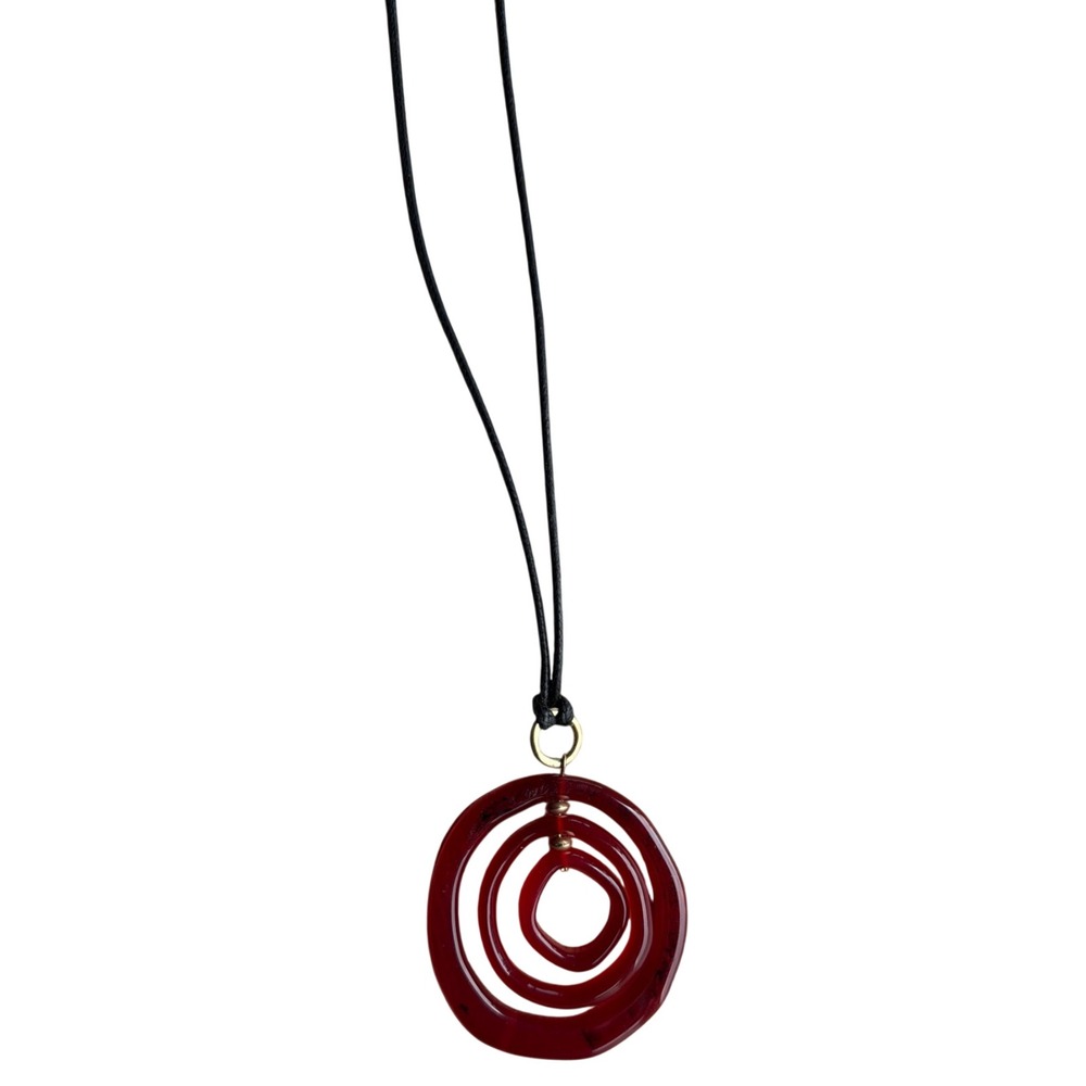 Red Resin Spiral Pendant Necklace Black Cord Adjustable Brass Tone Clasp Art